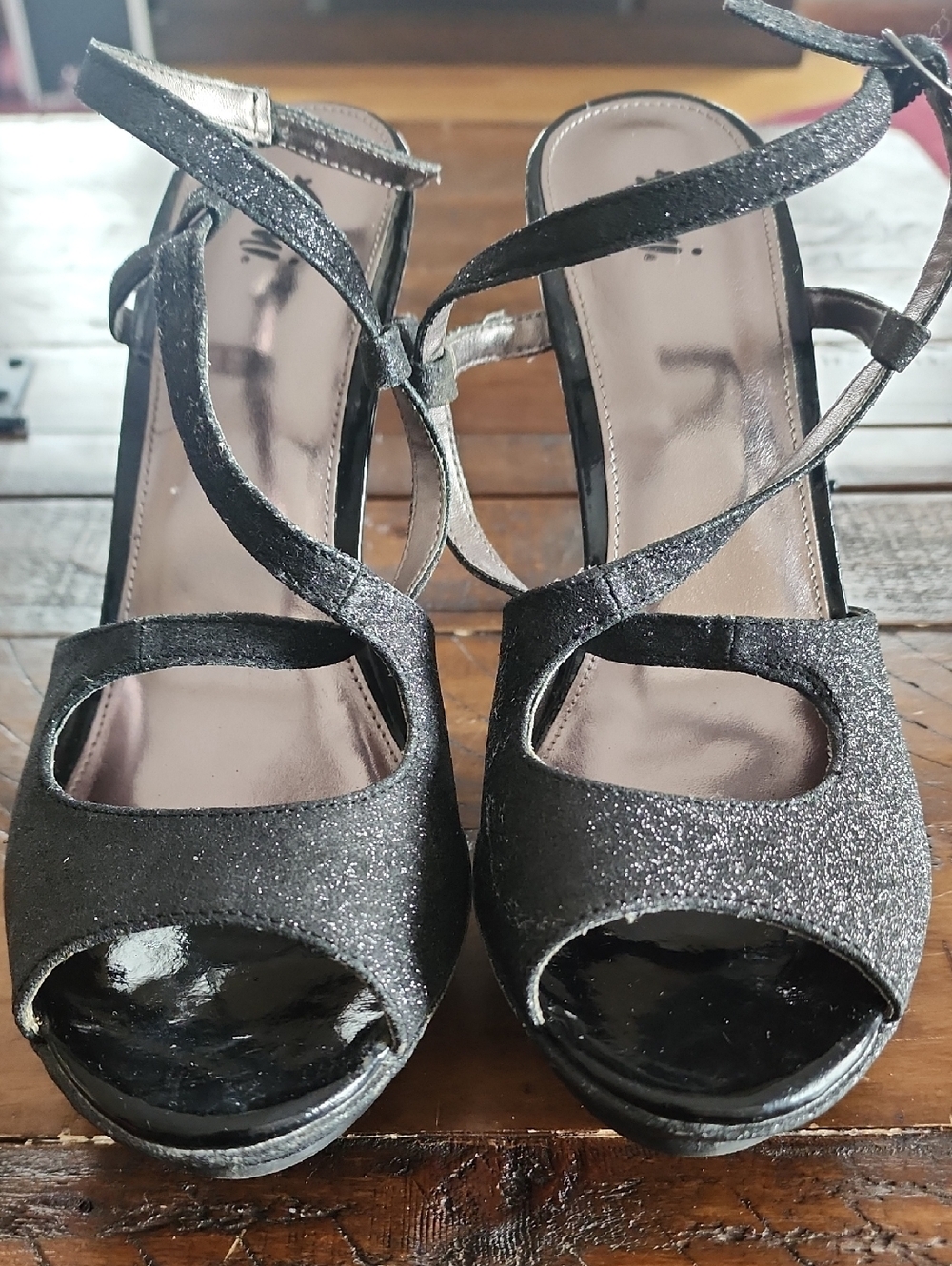 FIONI Clothing Black Glitter Peep-Toe Strappy Heels